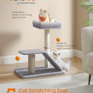 Feandrea Cat Scratching Post, Small Cat Tree Tower, Multifunctional Cat Scratcher with Self Groomer Brush, Rotatable Ramp, Pompoms, Cat Perch Bed for Indoor Cats, Light Gray UPCA024G01