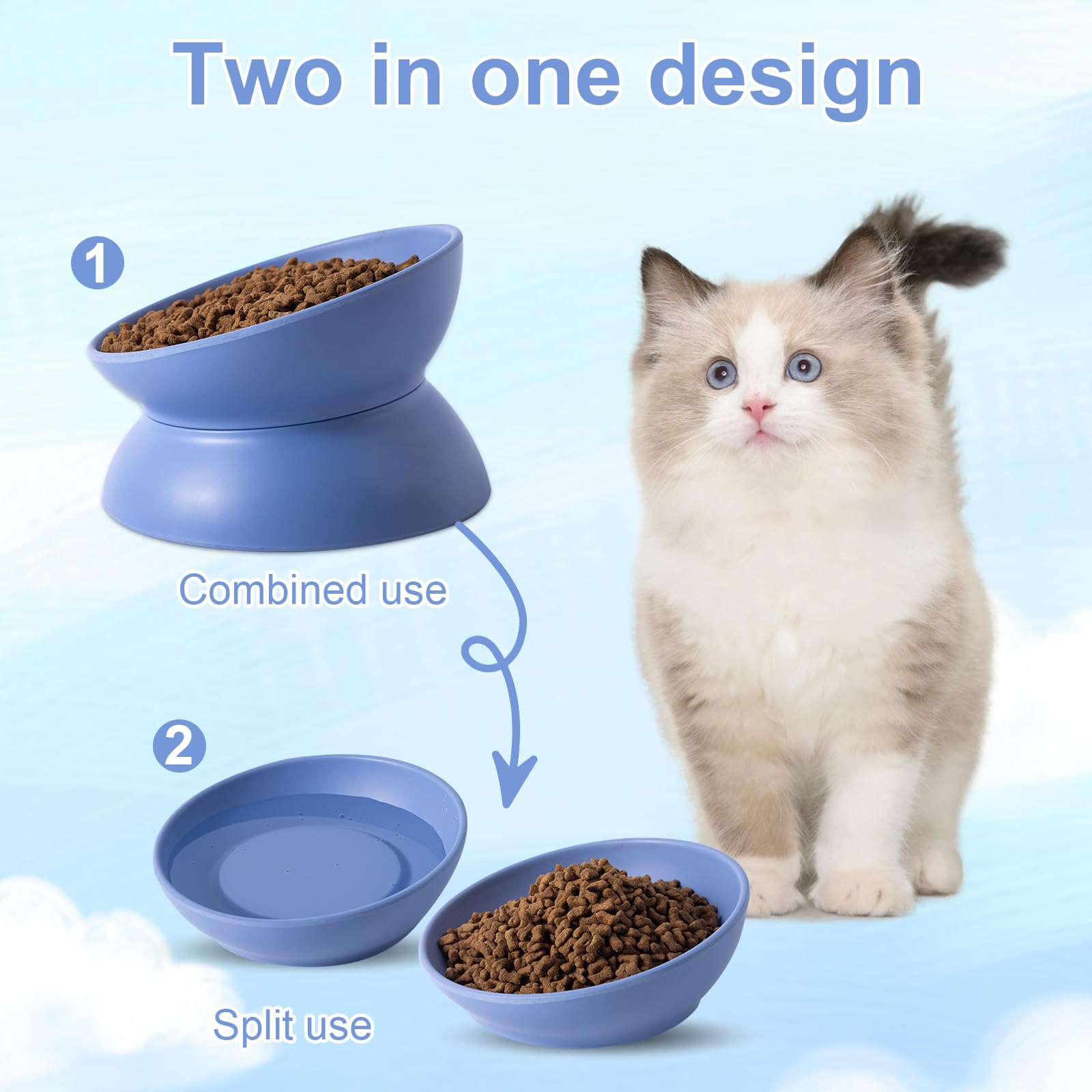 Raised Cat Bowl,Detachable 2 in 1 Cats Elevated Tilted Food and Water Bowls Whisker Stress Free Pet Feeder for Kittens,Puppy and Bunny,Blue