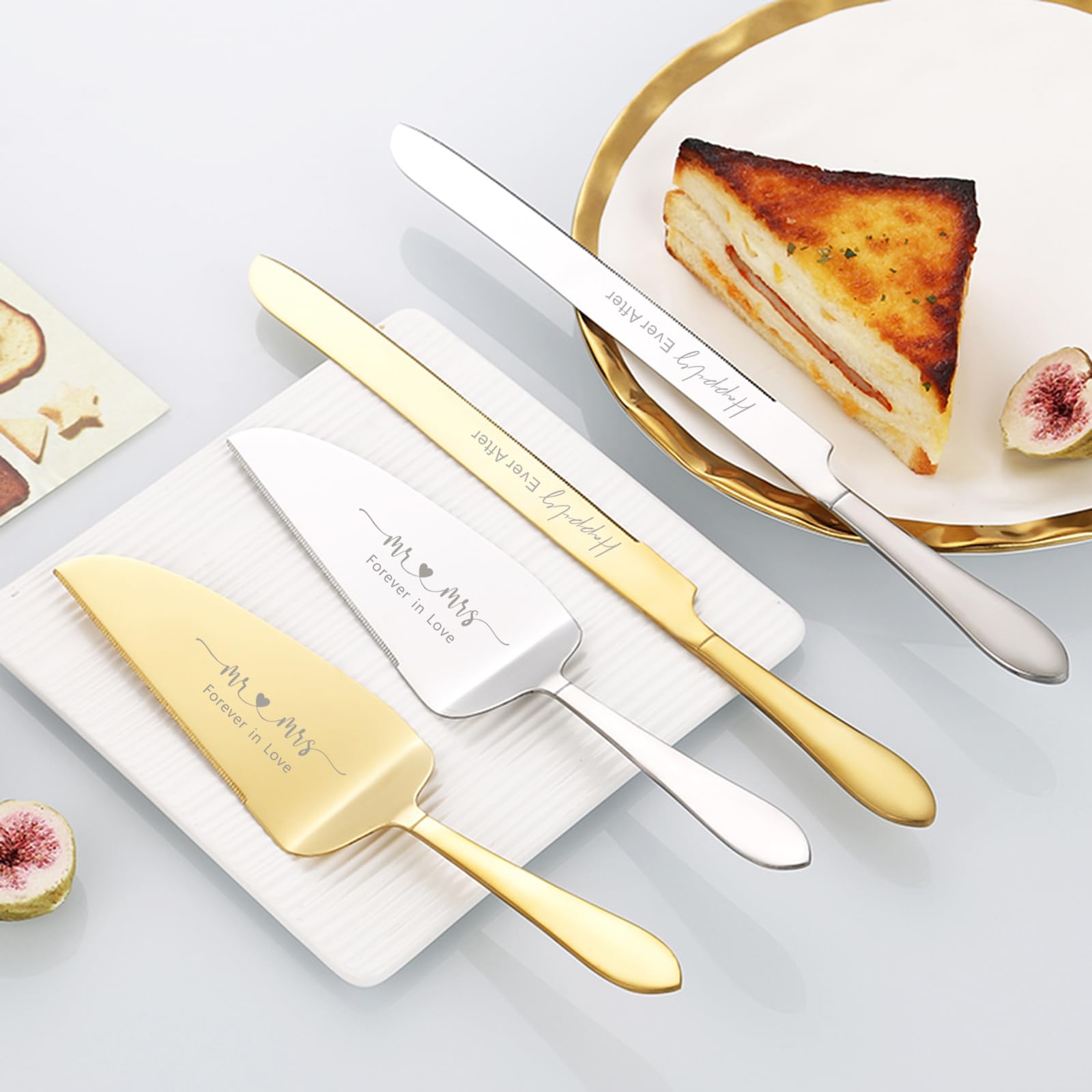 ROXBURGH Wedding Cake Knife and Server Set, Engraved Mr and Mrs Silver Forks Cake Cutting Set Pie Dessert Servers for Wedding Anniversary Bridal Shower Engagement