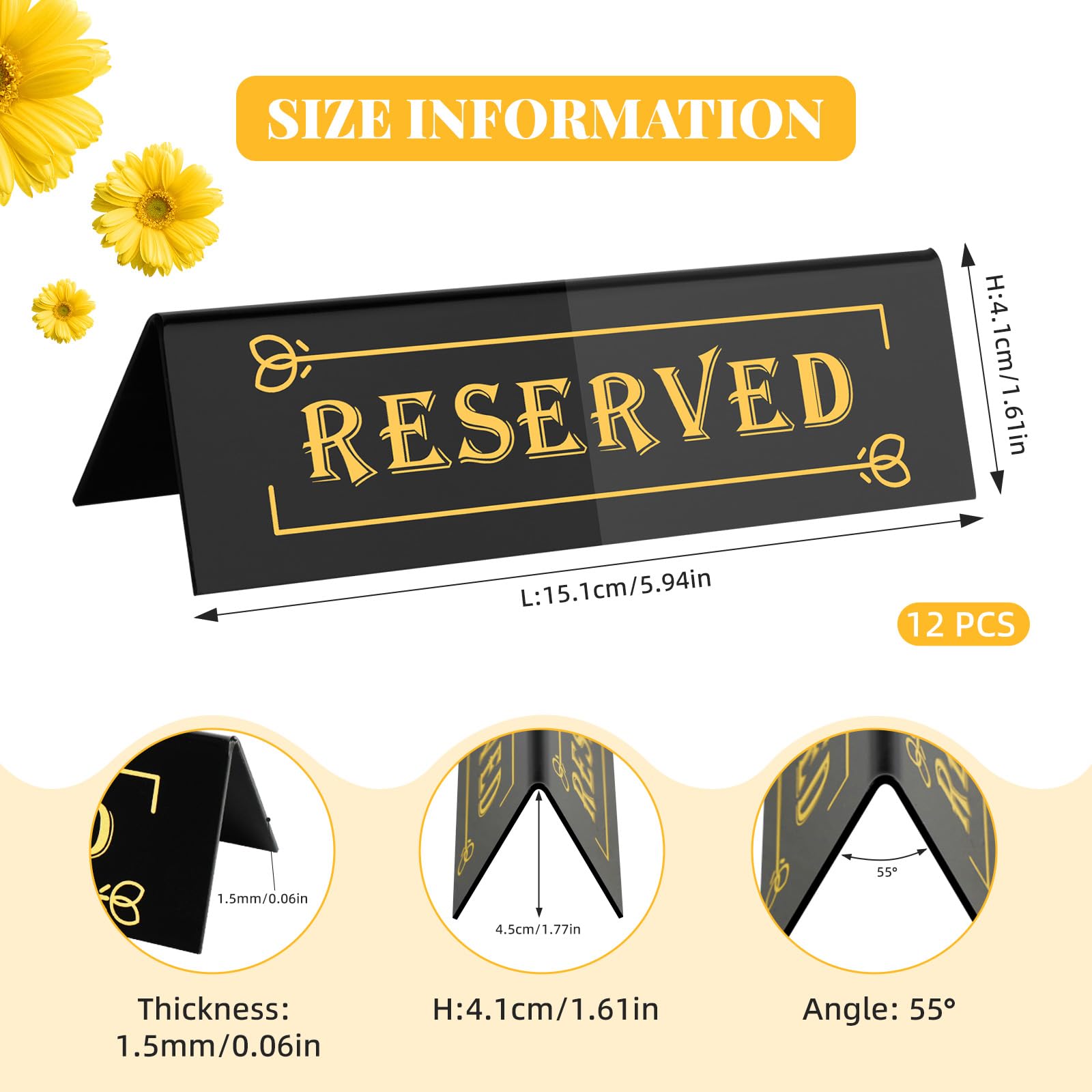 Clonivent 12 PCS Reserved Table Signs, Acrylic Black Reserve Sign for Wedding, Waterproof Double-Sided Reserved Seating Signs for Restaurant Party & Private Events (Black)