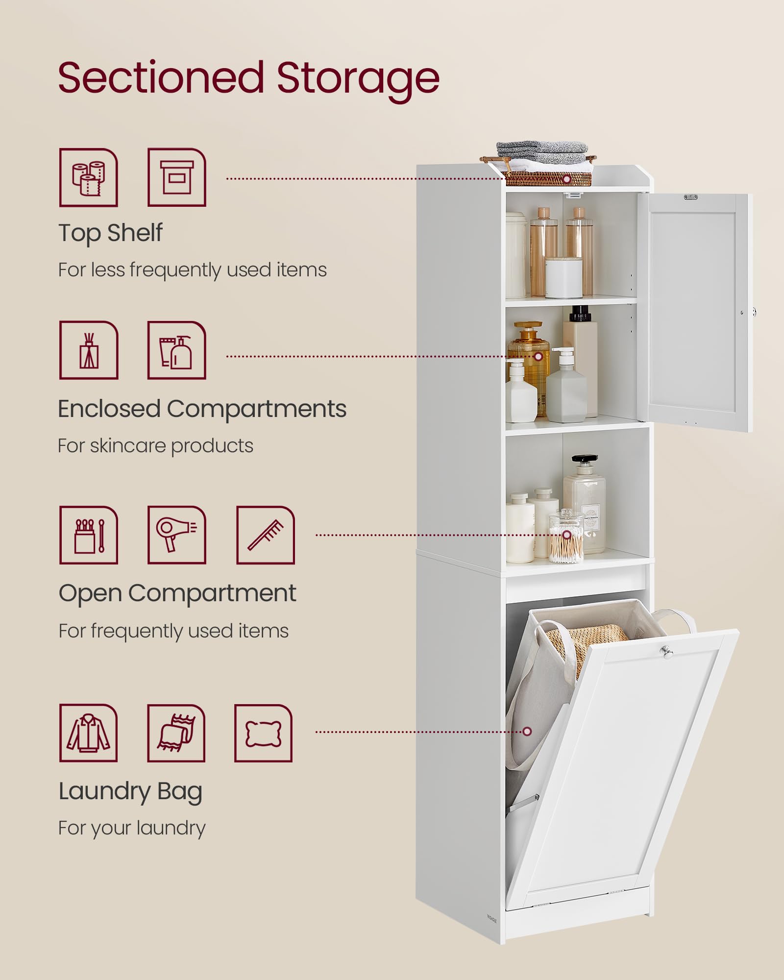 VASAGLE Tall Bathroom Cabinet with Laundry Basket, Removable Laundry Basket with Handles, Compartment with Door, Linen Tower, 15.8 x 15.8 x 66.9 Inches, Cloud White UBBC761W01