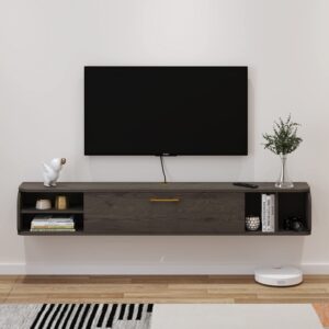 Bixiaomei Floating TV Unit, 47'' Wall Mounted TV Cabinet, Floating Shelves with 4 Cabinets, Wooden Entertainment Media Console Center Large Storage TV Bench for Living Room & Office (47IN, Dark Grey)