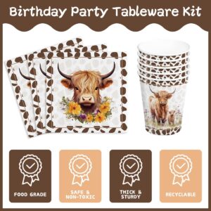 120pcs Highland Cow Birthday Party Supplies Plates Napkins Holy Cow Paper Disposable Tableware Set Cups Forks for 24 Guests