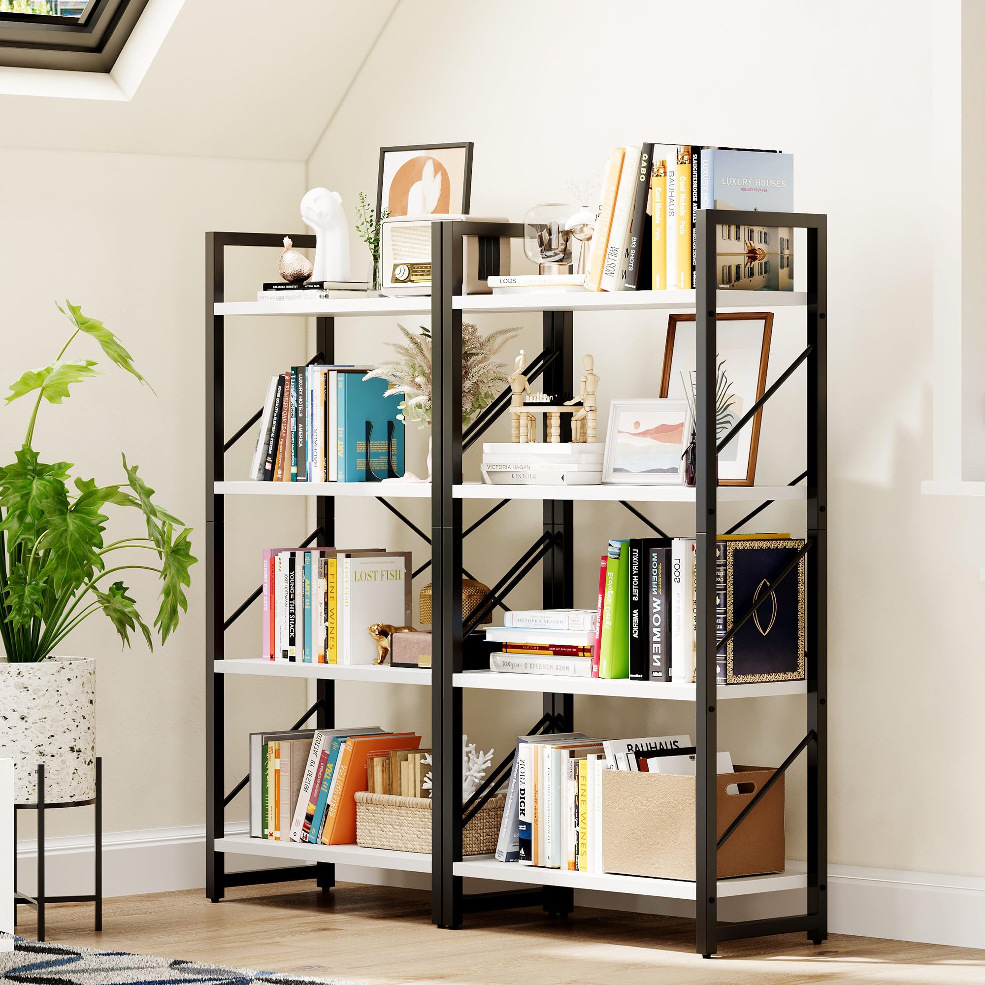 DWVO 4 Tier Bookshelf, Small Book Shelf Modern Bookcase, Narrow Book Case Book Storage Organizer for CD/Movie/Book, Bookshelves for Bedroom Office Living Room, White & Black