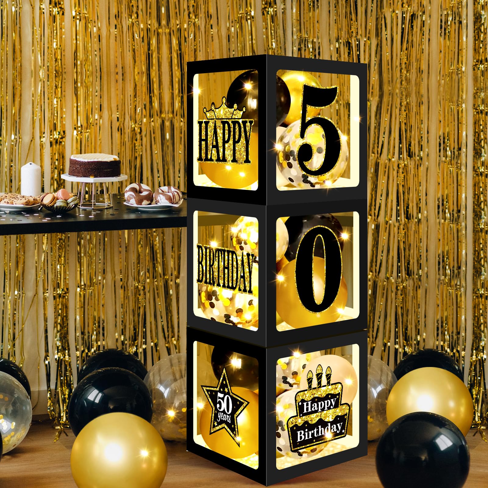 Turypaty 29Pcs 50th Birthday Balloon Boxes Decorations for Men Women, Black Gold 50th Birthday Transparent Balloon Boxes Party Supplies Decorations with LED Light and Stickers