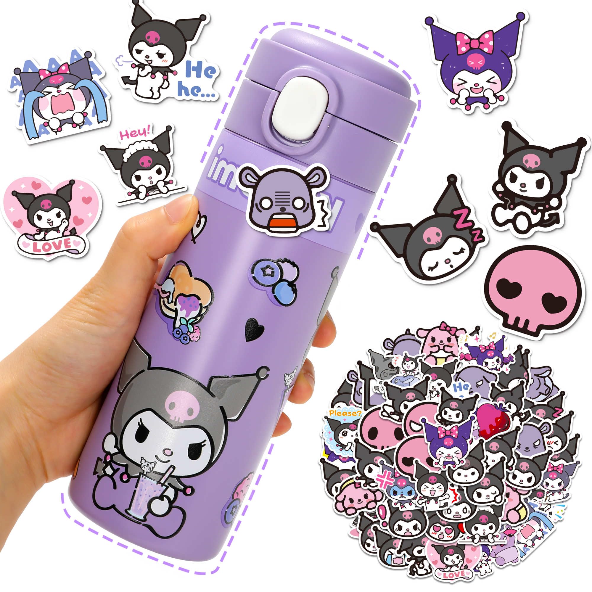 Matconly 14oz Cartoon Water Bottle Girls with 50pcs Anime Stickers, Stainless Steel Thermos Water Bottle for School Kids