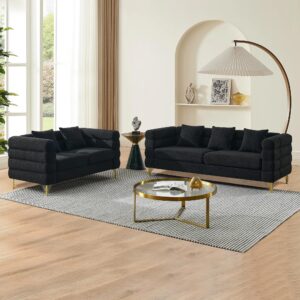 mikibama luxury teddy sofa set for living room, modern decor furniture sectional sofa, 3 seater couch and loveseat with 5 pillows for apartment, office, hall (black)