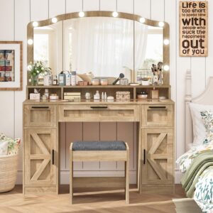 usikey farmhouse vanity desk with large lighted mirror and 10 lights, 43.3" glass tabletop makeup vanity with 3 drawers, large vanity tabel set with long storage shelf, 2 cabinets and stool, maple