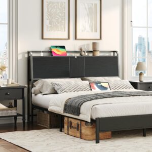 mahancris headboard queen size, headboard with 4 outlets and 4 usb ports, industrial headboard with flip door and bed frame adapter, height adjustable, black