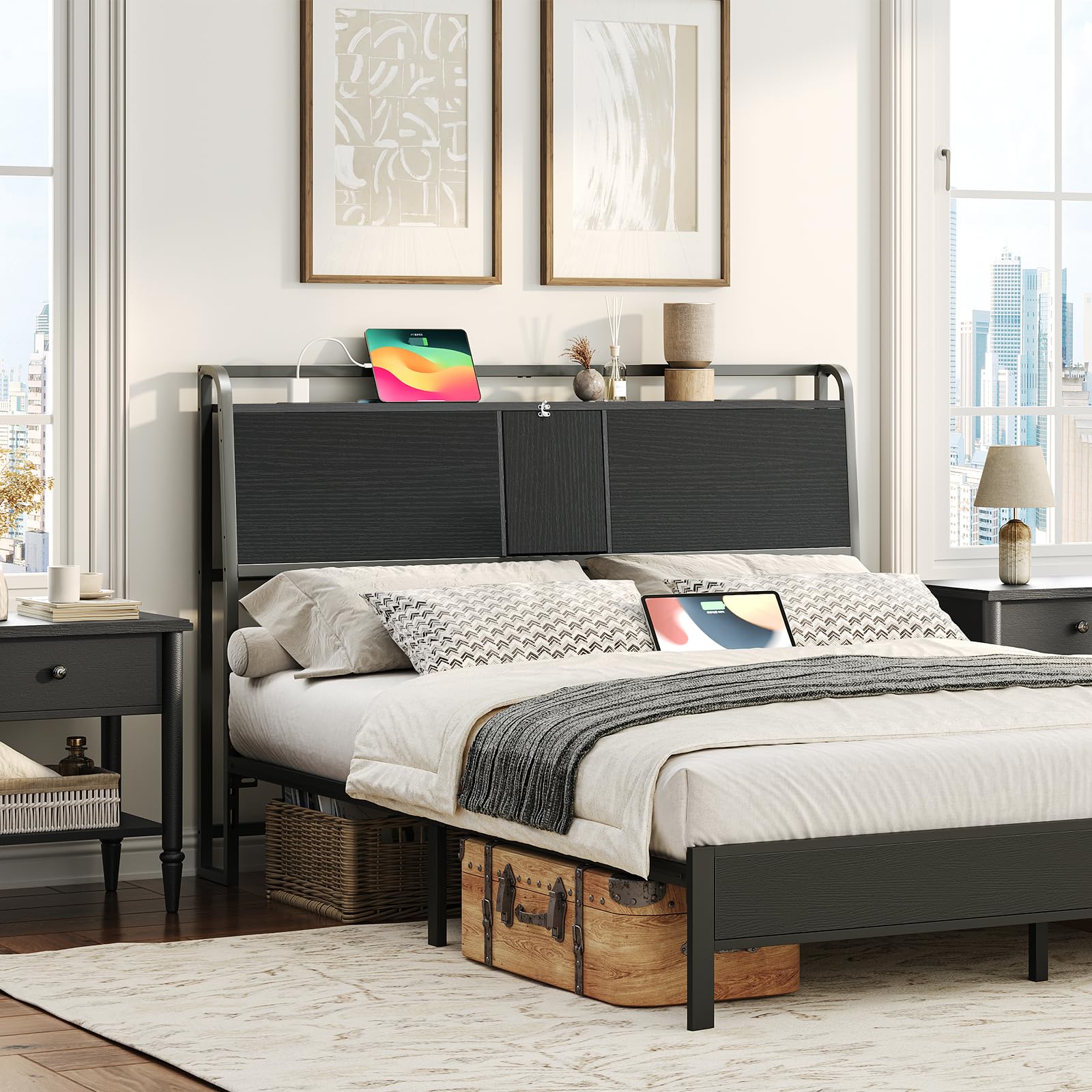 MAHANCRIS Headboard Queen Size, Headboard with 4 Outlets and 4 USB Ports, Industrial Headboard with Flip Door and Bed Frame Adapter, Height Adjustable, Black