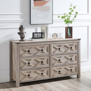 giajorya 6 drawer dresser, 54" wide wood chests of drawers, double dresser for bedroom, grey dresser tv stand organizers for entryway, clothes dresser, accessory storage cabinet, light rustic oak