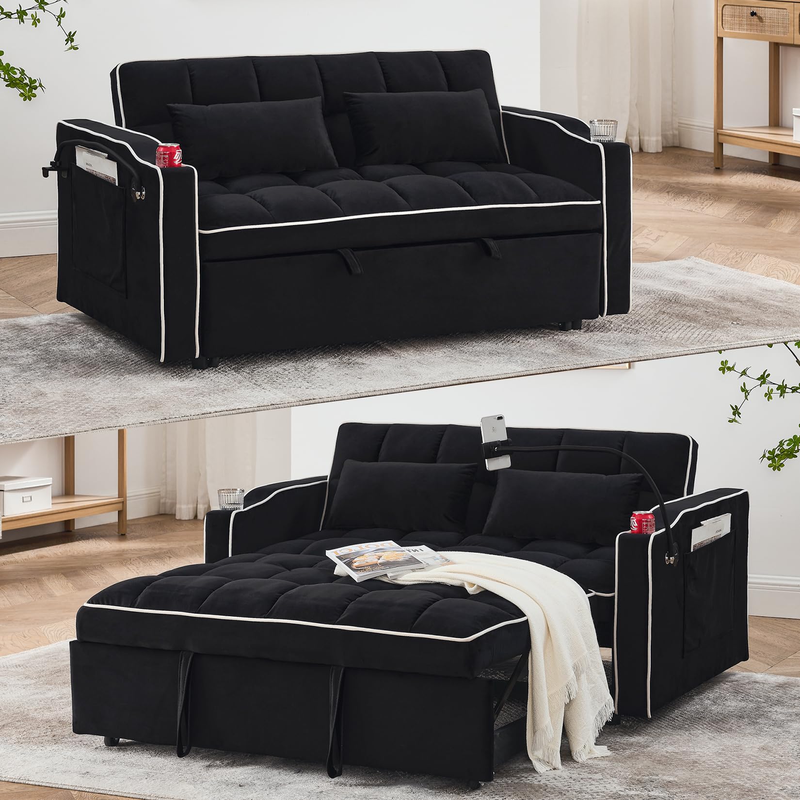 Bellemave Foldable Sofa Bed with Phone Holder, Pull Out Velvet Loveseat Sleeper with 2 USB Charging Ports, Modern Futon Couch with Cup Holders and Adjustable Backrest, for Living Room, Black