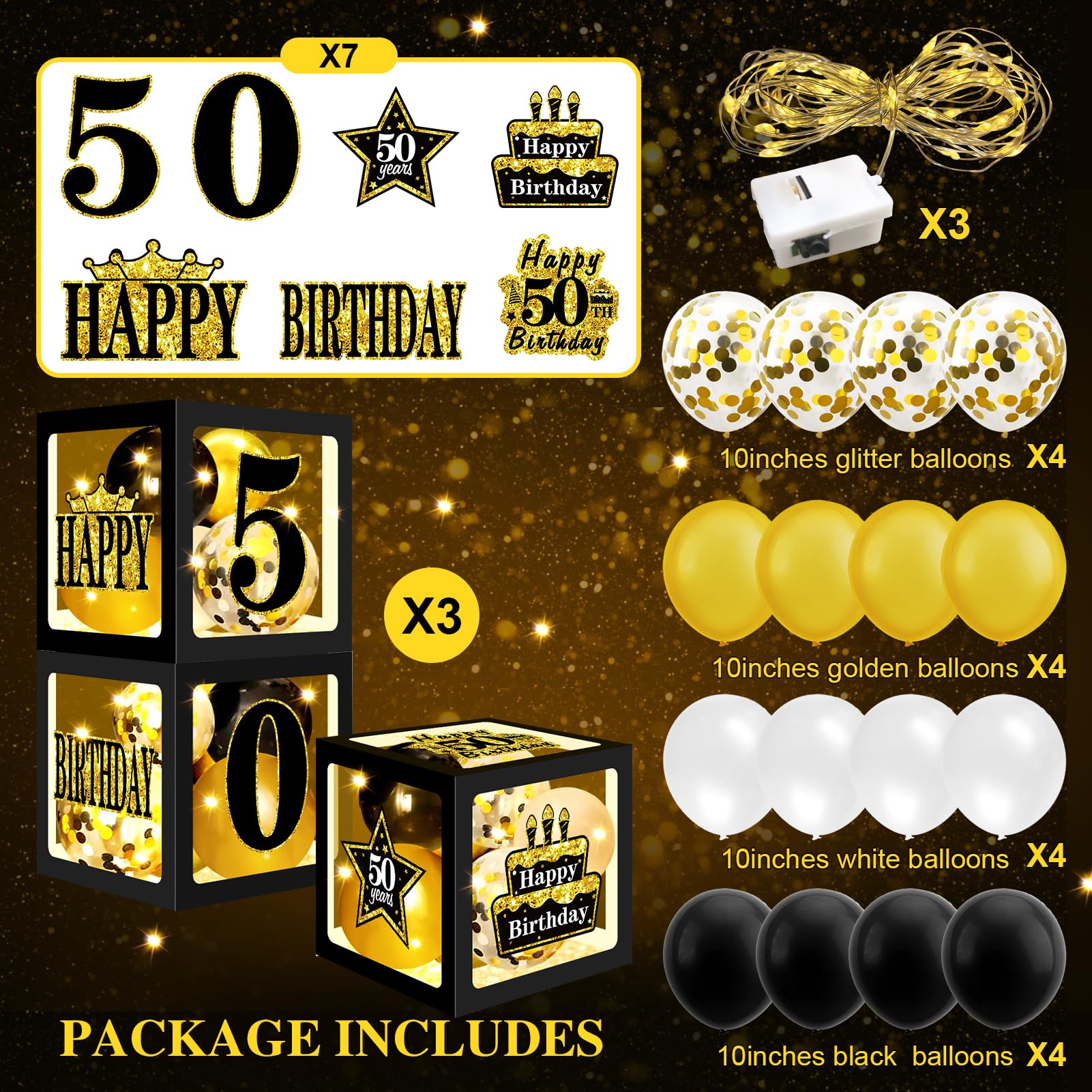 Turypaty 29Pcs 50th Birthday Balloon Boxes Decorations for Men Women, Black Gold 50th Birthday Transparent Balloon Boxes Party Supplies Decorations with LED Light and Stickers