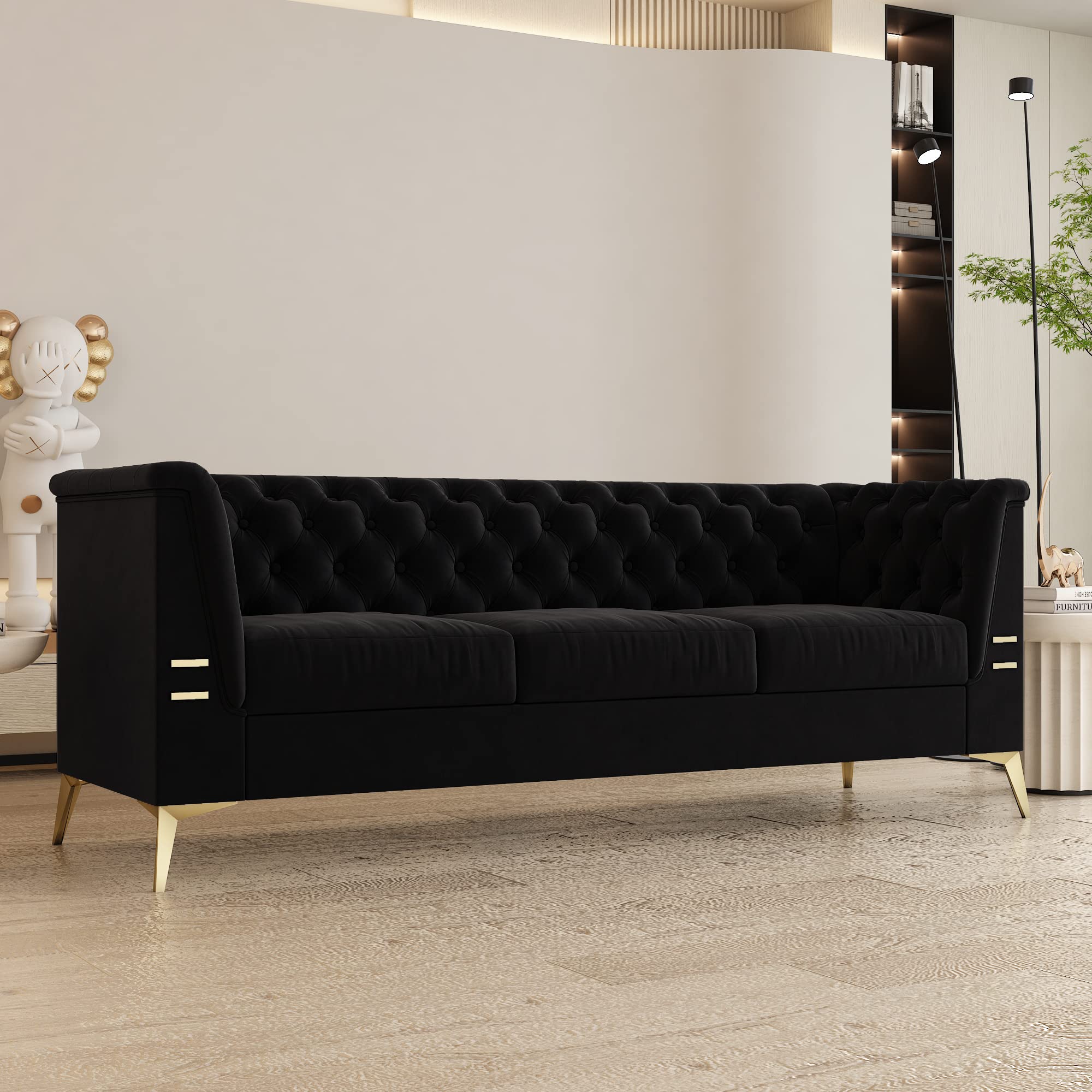 3 Seat Velvet Sofa Couch Modern Chesterfield Button Tufted Couches Comfy Contemporary Black Velvet Upholstered Sofas 83 Inch 3 Person Fashion with Metal Legs Couches for Living Room Office Furniture