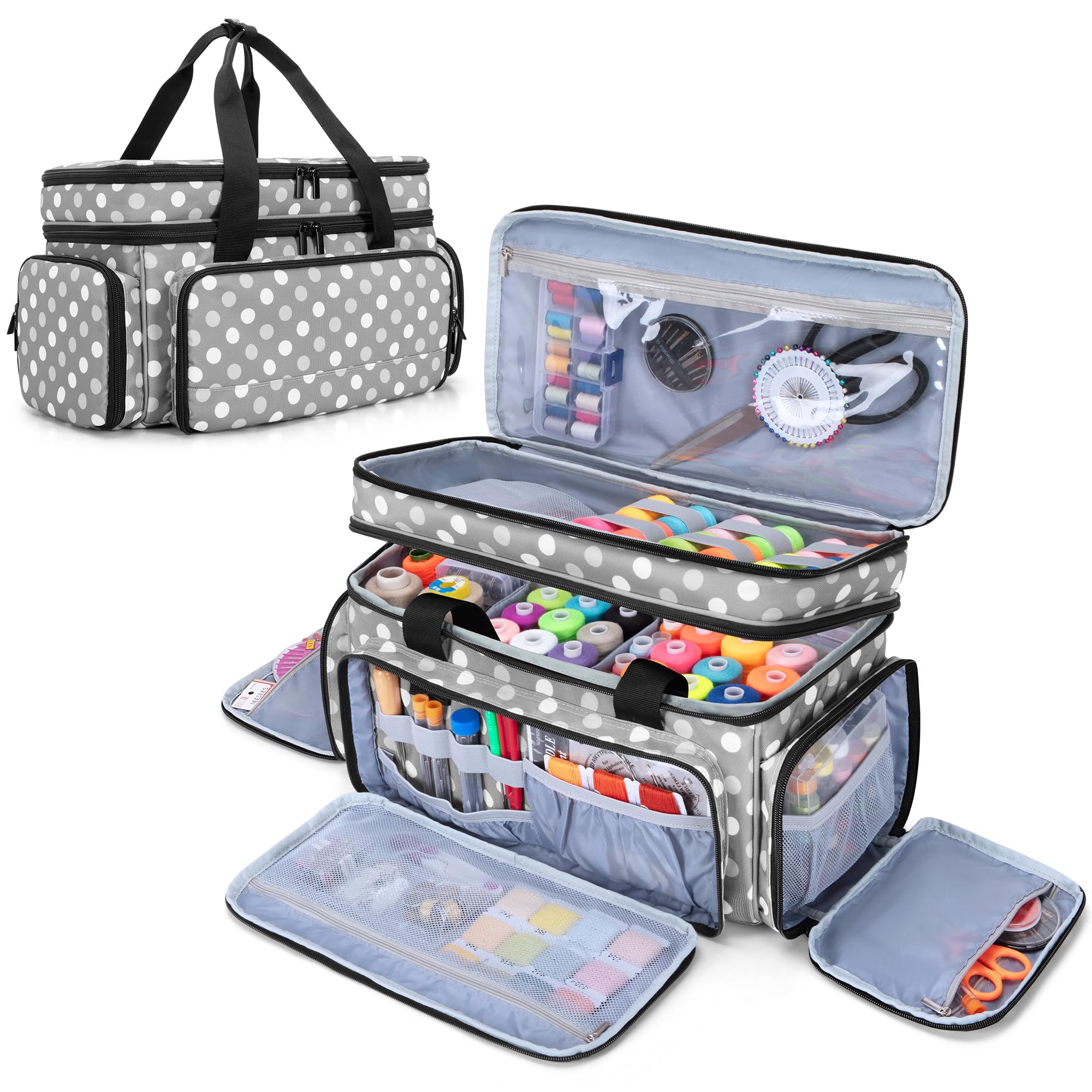 LUXJA Large 2 Layers Sewing Organizer Bag with 5 Detachable Dividers, Sewing Storage Bag for Sewing Supplies, Polka Dots