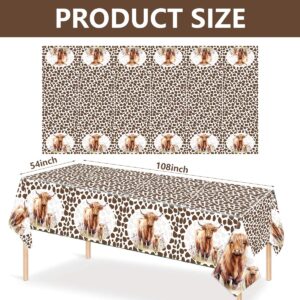 3Pcs Highland Cow Tablecloth Brown Cow Print Table Cover Kids Birthday Party Disposable Rectangle Plastic Waterproof for Baby Shower Decorations 54 x 108 inches