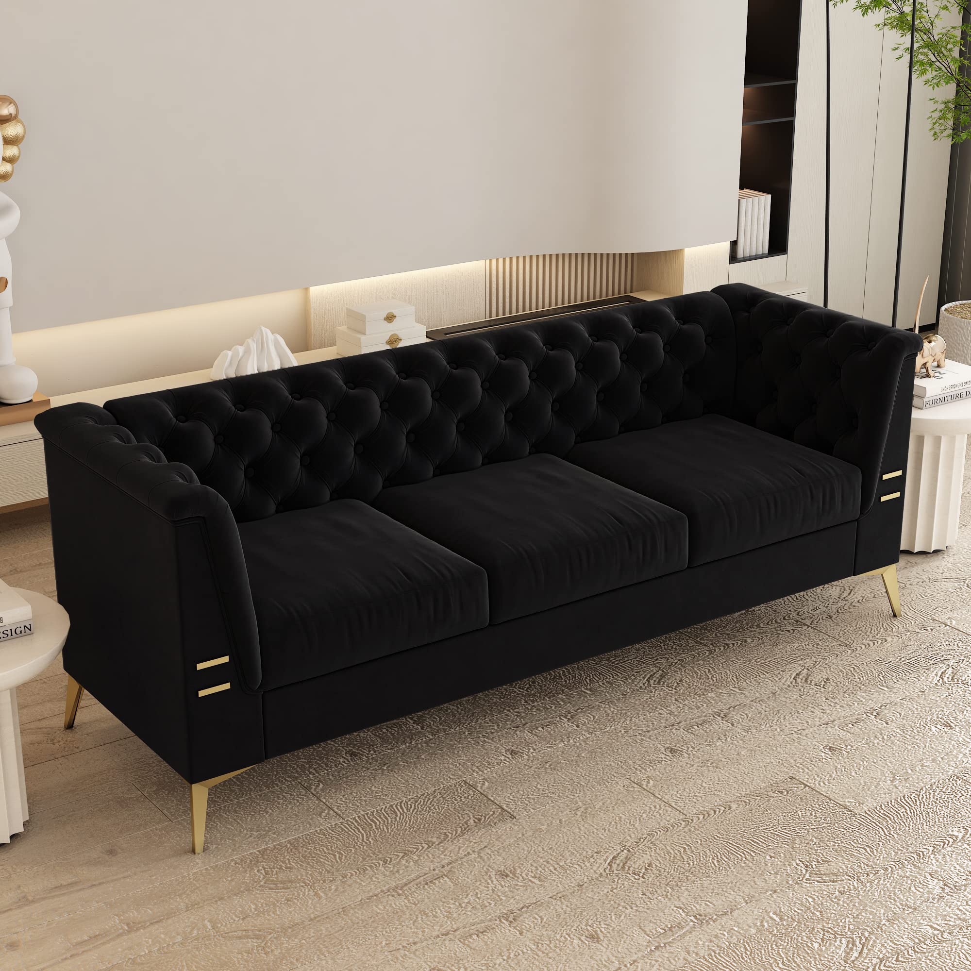 3 Seat Velvet Sofa Couch Modern Chesterfield Button Tufted Couches Comfy Contemporary Black Velvet Upholstered Sofas 83 Inch 3 Person Fashion with Metal Legs Couches for Living Room Office Furniture