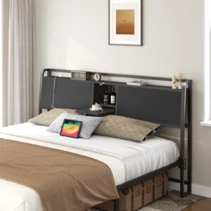 MAHANCRIS Headboard Queen Size, Headboard with 4 Outlets and 4 USB Ports, Industrial Headboard with Flip Door and Bed Frame Adapter, Height Adjustable, Black