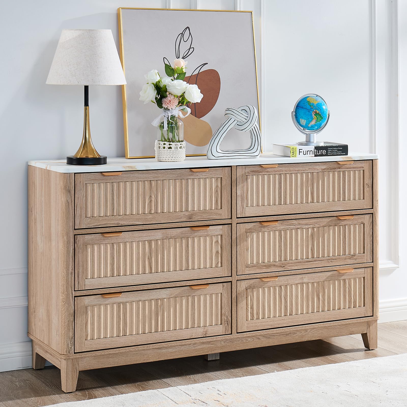 6 Drawers Dresser for Bedroom, 54" Large Storage Dresser, Farmhouse Wood Dressers with Faux Marble Top, Modern Dressers & Chests of Drawers for Living Room Entryway, Fluted Curved Profile, Natural Oak