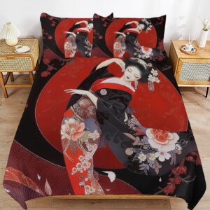 SceuQertc Red Geisha Girl Bedding Comforter Sets Lightweight Ultra Soft Comforter Bedding Set 3 Pieces (1 Duvet Cover, 2 Pillowcases) with Zipper Closure