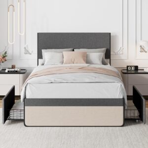 coucheta Queen Size Bed Frame with 2 Storage Drawers and Upholstered Headboard, Mattress Foundation with Steel Slats Support, No Box Spring Needed, No Noise, Gray