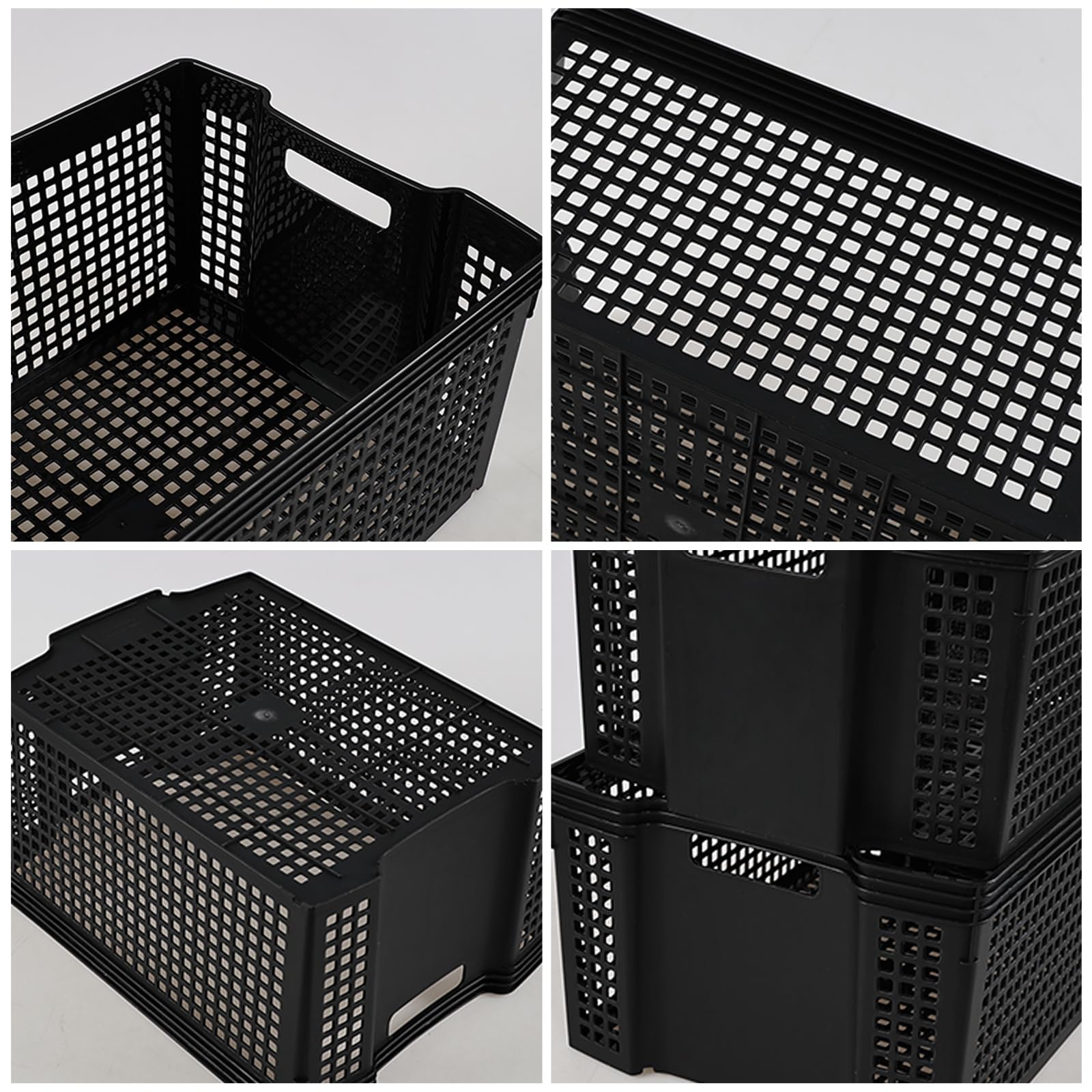 Begale 12 Pack Large Plastic Storage Baskets Organizer, Black Stacking Storage Basket Bin for Pantry, Shelves