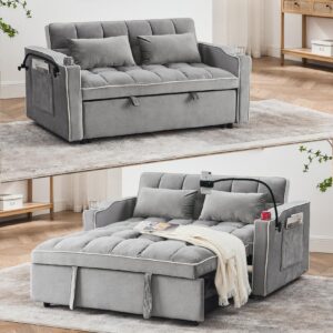 bellemave foldable sofa bed with phone holder, pull out velvet loveseat sleeper with 2 usb charging ports, modern futon couch with cup holders and adjustable backrest, for living room, gray