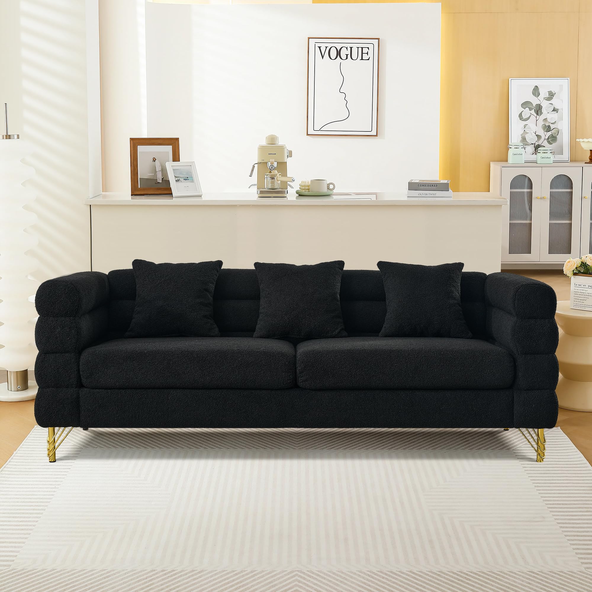 mikibama Luxury Teddy Sofa Set for Living Room, Modern Decor Furniture Sectional Sofa, 3 Seater Couch and Loveseat with 5 Pillows for Apartment, Office, Hall (Black)