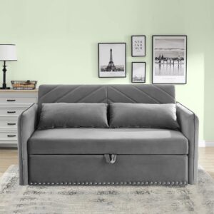 SumKea Loveseat Sleeper USB Port Pull Out Couch with Nailhead Trim, 3 in 1 Sofa Bed Adjustable Backrest with 2 Pillows, Grey