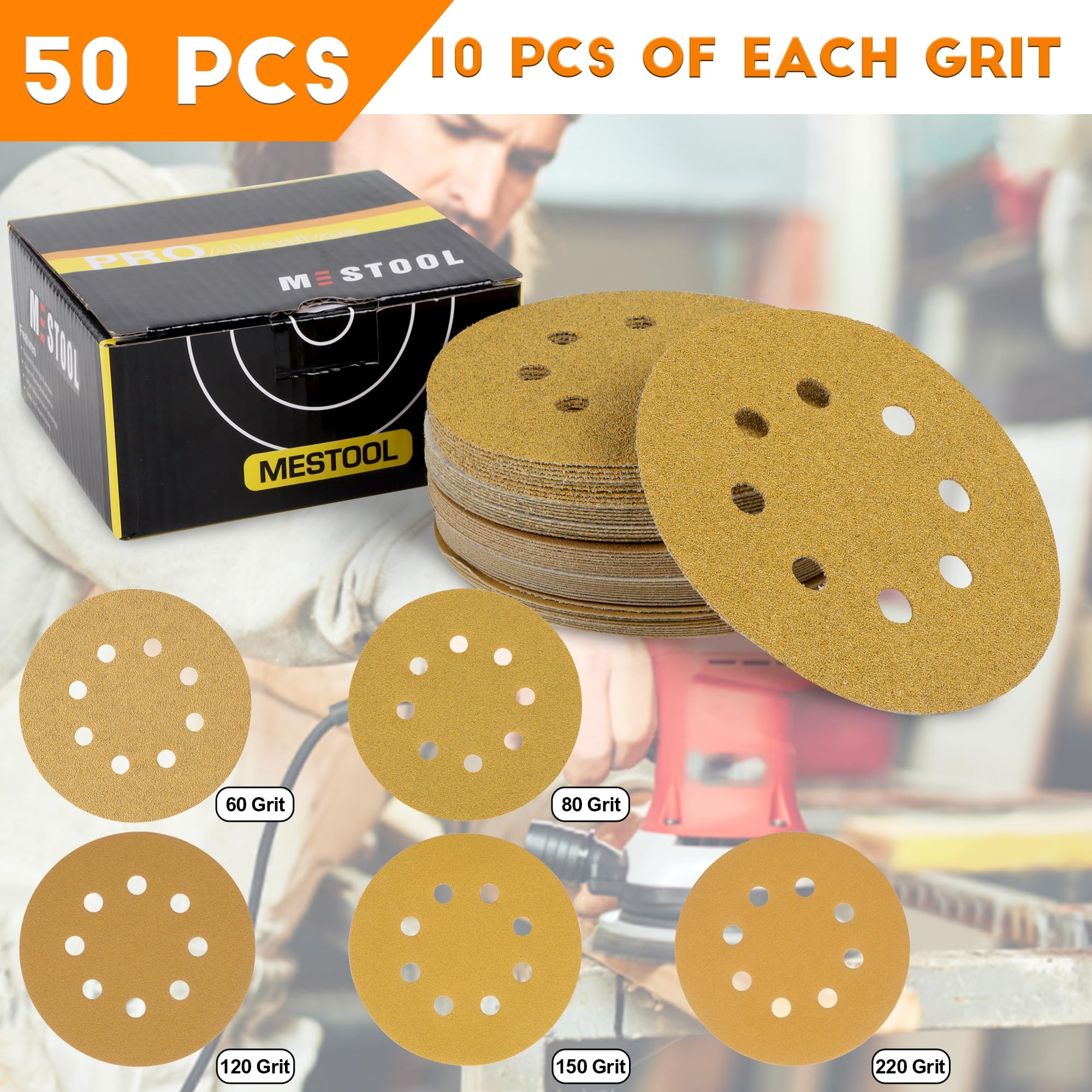 Mestool 5-Inch 8-Hole Hook and Loop Gold Sanding Discs, Box of 50 Sandpaper Include 60 80 120 150 and 220 Grits