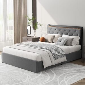 IDEALHOUSE Velvet Upholstered Queen Size Platform Bed Frame with 4 Storage Drawers, Storage Headboard with Charging Station, Mattress Foundation with Wooden Slats Support,No Box Spring Needed, Gray