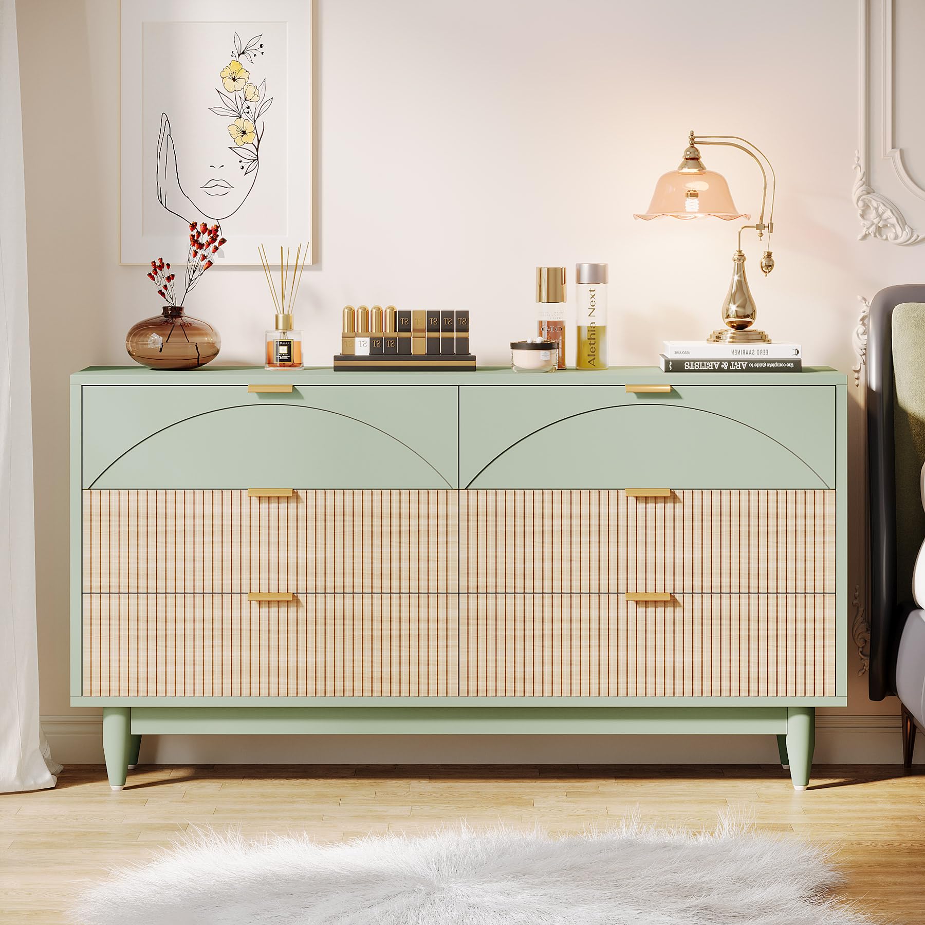 Tribesigns 6-Drawer Dresser for Bedroom: 55 Inches Modern Chest of Drawers with Gold Metal Handles, Green Long Double Dresser Organizer Wood Cabinet for Bedroom, Closet, Living Room