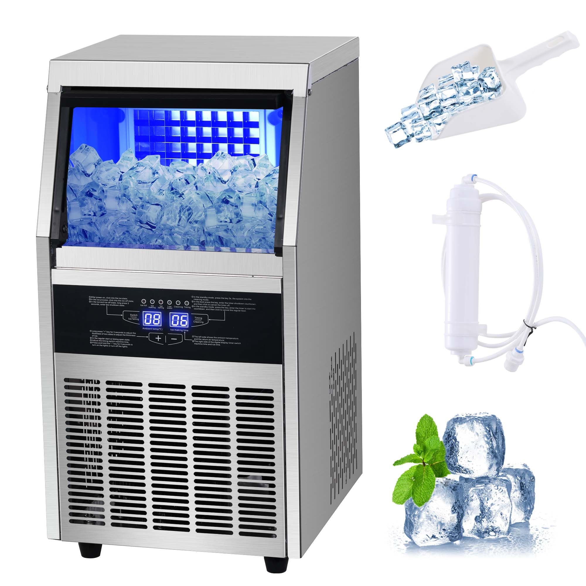 Commercial Ice Maker Machine, 90LBS/24H Ice Maker, Stainless Steel Freestanding/Under Counter Ice Machine with 25LBS Bin, 45 Ice Cubes, Self-Cleaning, Scoop, Ideal for Home Bar Offices