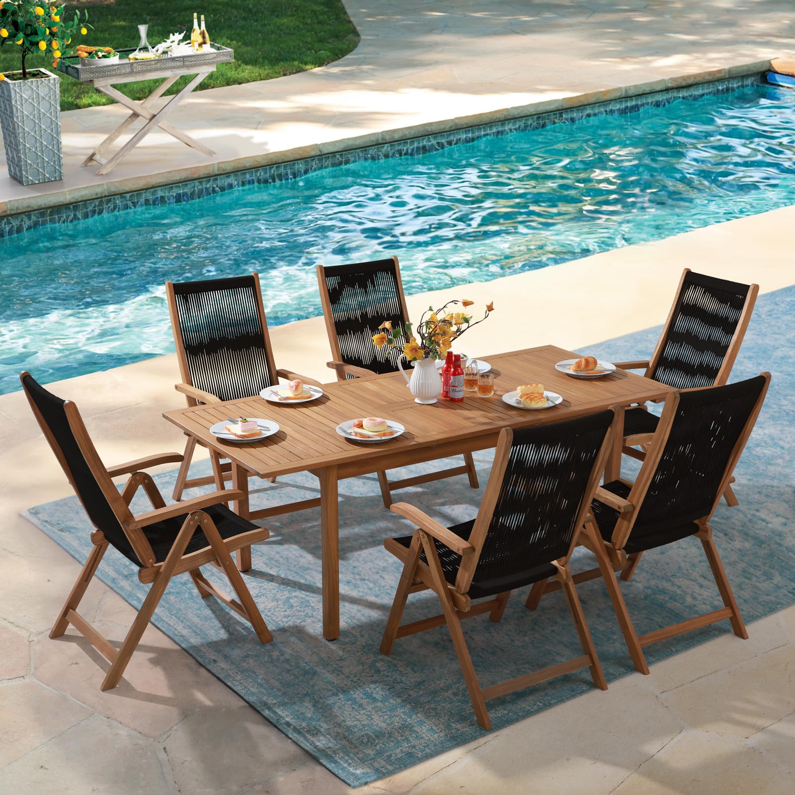 OC Orange-Casual 7 Pieces Patio Dining Set Outdoor Furniture with 6 Foldable Acacia Wooden and Rope Chairs and Large Table for Outdoor,Yard, Garden, Porch, Black