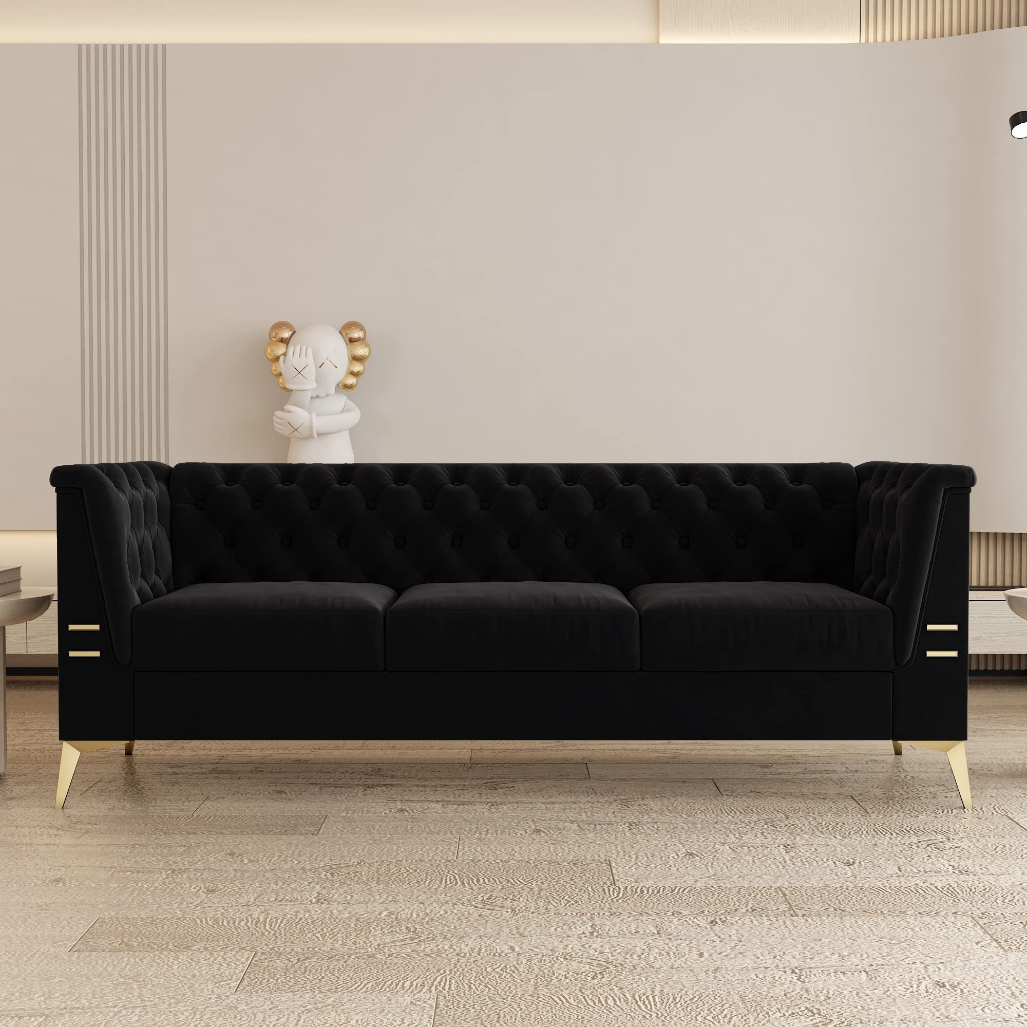 3 Seat Velvet Sofa Couch Modern Chesterfield Button Tufted Couches Comfy Contemporary Black Velvet Upholstered Sofas 83 Inch 3 Person Fashion with Metal Legs Couches for Living Room Office Furniture