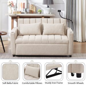 Tdewlye 55.9'' Convertible Sleeper Sofa Bed with 2 Side Pockets, 3 USB Ports, Cup Holders and 360°Swivel Phone Holder, Loveseat Sofa Couch with Pull-Out Bed, 2 Pillows (Beige-BG)