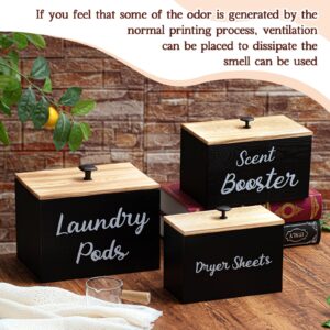 Dandat 3 Pcs Dryer Sheet Holder Laundry Pod Holder Scent Booster Container Set with Scoop Rustic Wood Dryer Sheet Container Laundry Pods Container Laundry Beads Dispenser for Storage (Black)