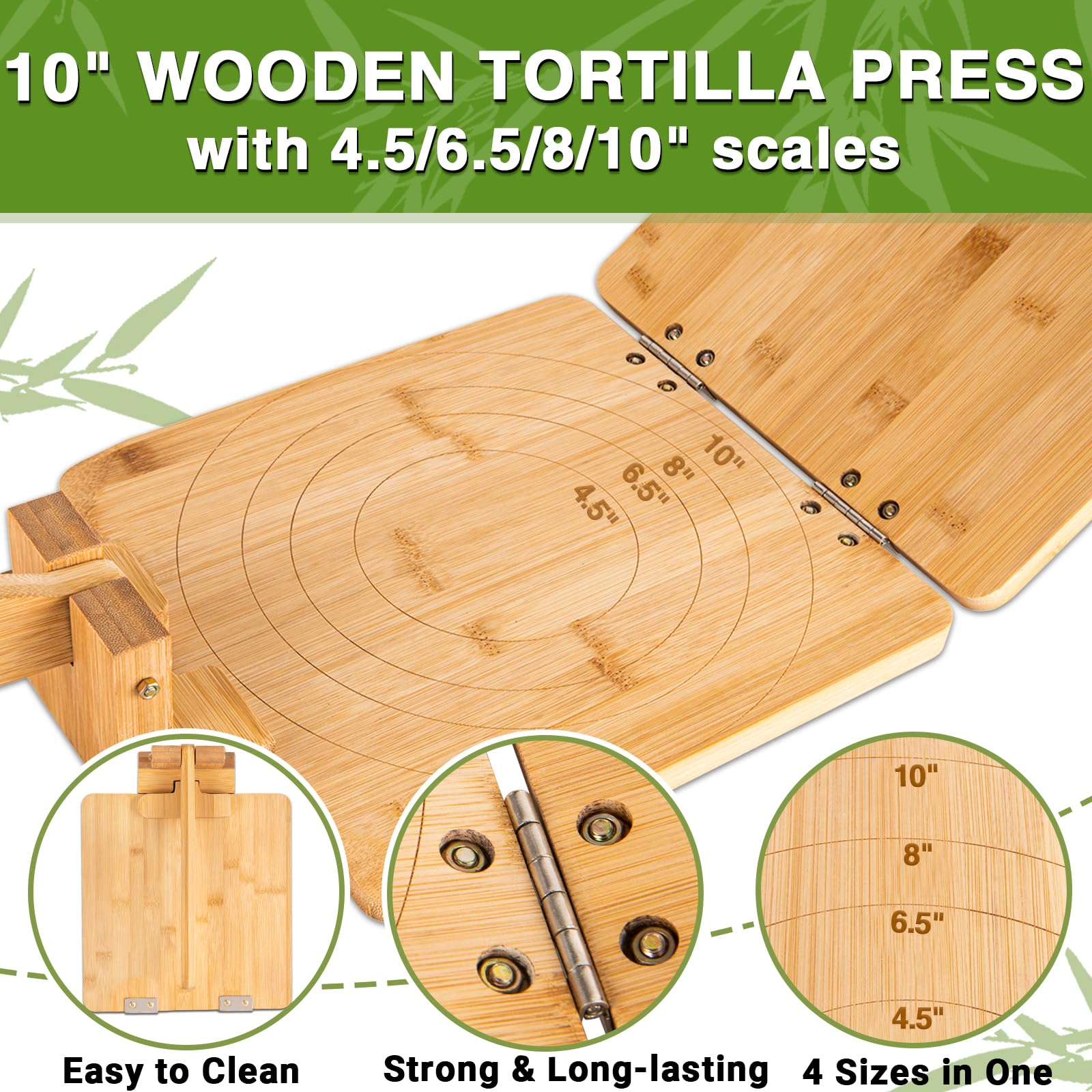 Bamboo Wooden Tortilla Press - 10 Inch Wood Tortilla Maker Press Square with 60 Pcs Parchment Paper and Scraper, Mexican Tortillera Presser 4.5” to 10" for Homemade Tortillas, Pataconera & Dough Press