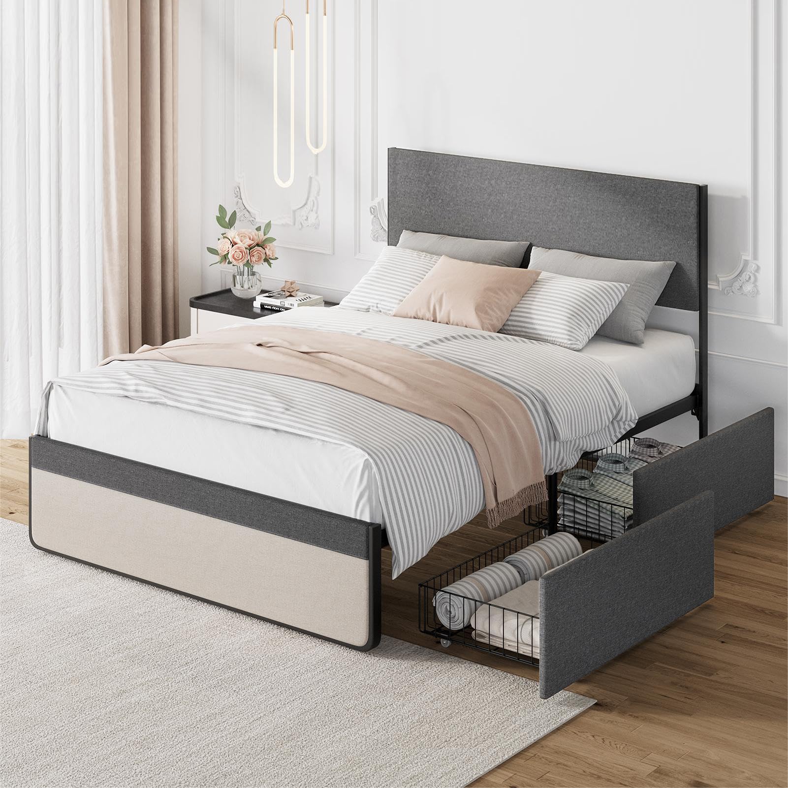 coucheta Queen Size Bed Frame with 2 Storage Drawers and Upholstered Headboard, Mattress Foundation with Steel Slats Support, No Box Spring Needed, No Noise, Gray