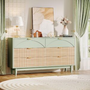 Tribesigns 6-Drawer Dresser for Bedroom: 55 Inches Modern Chest of Drawers with Gold Metal Handles, Green Long Double Dresser Organizer Wood Cabinet for Bedroom, Closet, Living Room