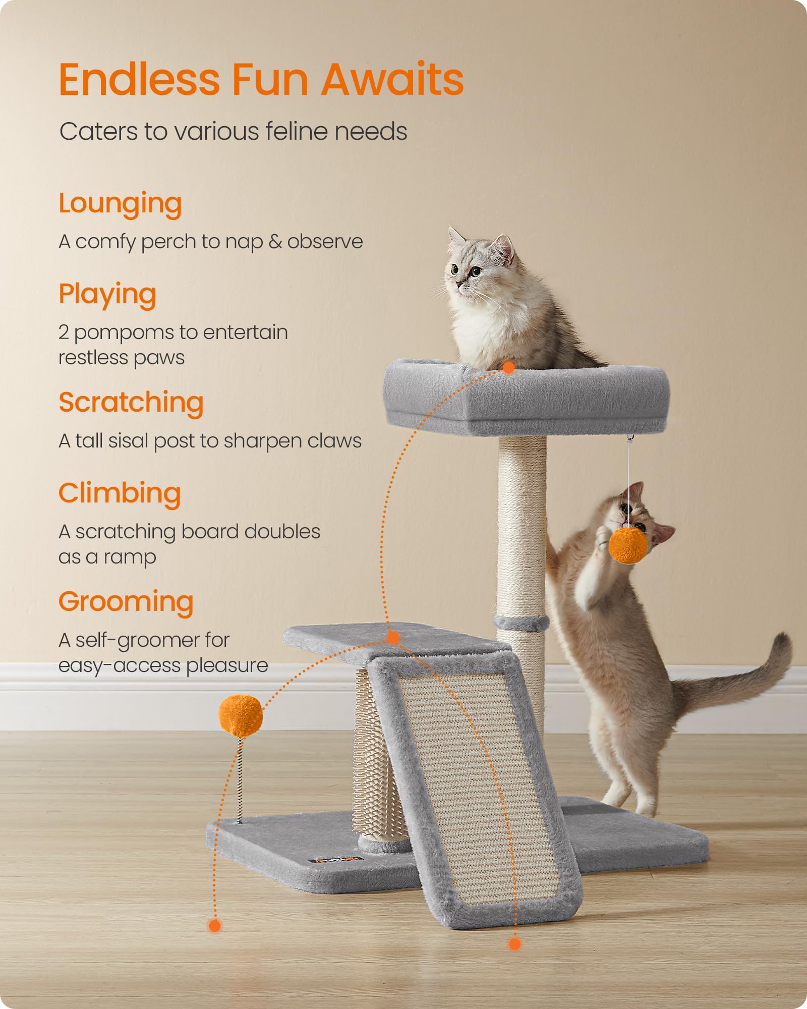 Feandrea Cat Scratching Post, Small Cat Tree Tower, Multifunctional Cat Scratcher with Self Groomer Brush, Rotatable Ramp, Pompoms, Cat Perch Bed for Indoor Cats, Light Gray UPCA024G01