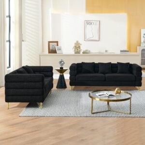 mikibama Luxury Teddy Sofa Set for Living Room, Modern Decor Furniture Sectional Sofa, 3 Seater Couch and Loveseat with 5 Pillows for Apartment, Office, Hall (Black)