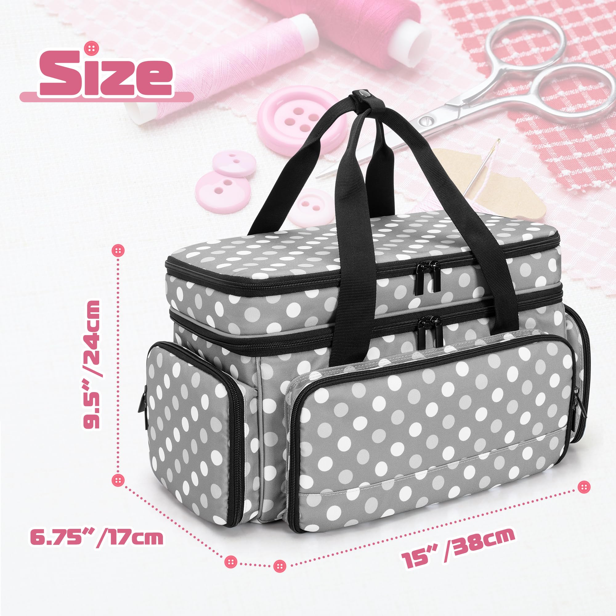 LUXJA Large 2 Layers Sewing Organizer Bag with 5 Detachable Dividers, Sewing Storage Bag for Sewing Supplies, Polka Dots