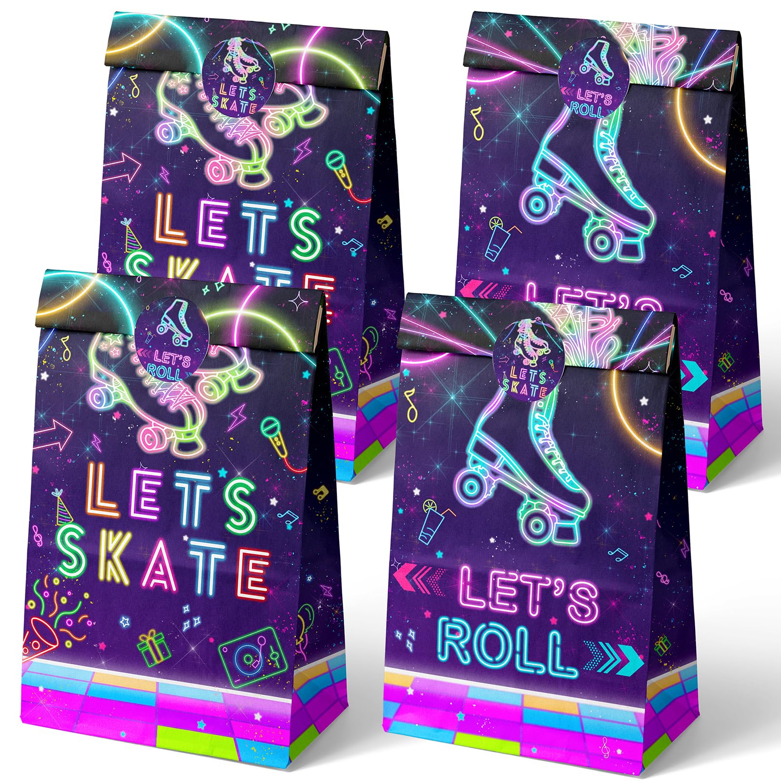 Outego 24 Roller Skating Goodie Bags Glow Party Birthday Bags, Skate favor Bags, Glow Roller Skating Party, Neon Party Supplies