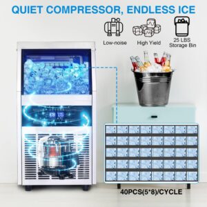 Commercial Ice Maker Machine, 90LBS/24H Ice Maker, Stainless Steel Freestanding/Under Counter Ice Machine with 25LBS Bin, 45 Ice Cubes, Self-Cleaning, Scoop, Ideal for Home Bar Offices