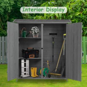 Tmsan Outdoor Storage Cabinet, Outside Wood Shed with Waterproof Roof & Detachable Shelves & Double Locks, Vertical Tool Storage Box for Patio, Garden, Backyard, Grey