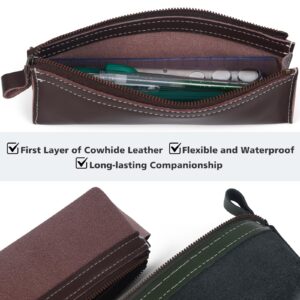 Asspring Genuine Leather Pencil Case Pouch Zipper Pencil Pouch,Stationery Bag Organizer,Makeup Cosmetic Pouch Women Men Adults