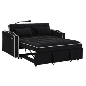 Bellemave Foldable Sofa Bed with Phone Holder, Pull Out Velvet Loveseat Sleeper with 2 USB Charging Ports, Modern Futon Couch with Cup Holders and Adjustable Backrest, for Living Room, Black