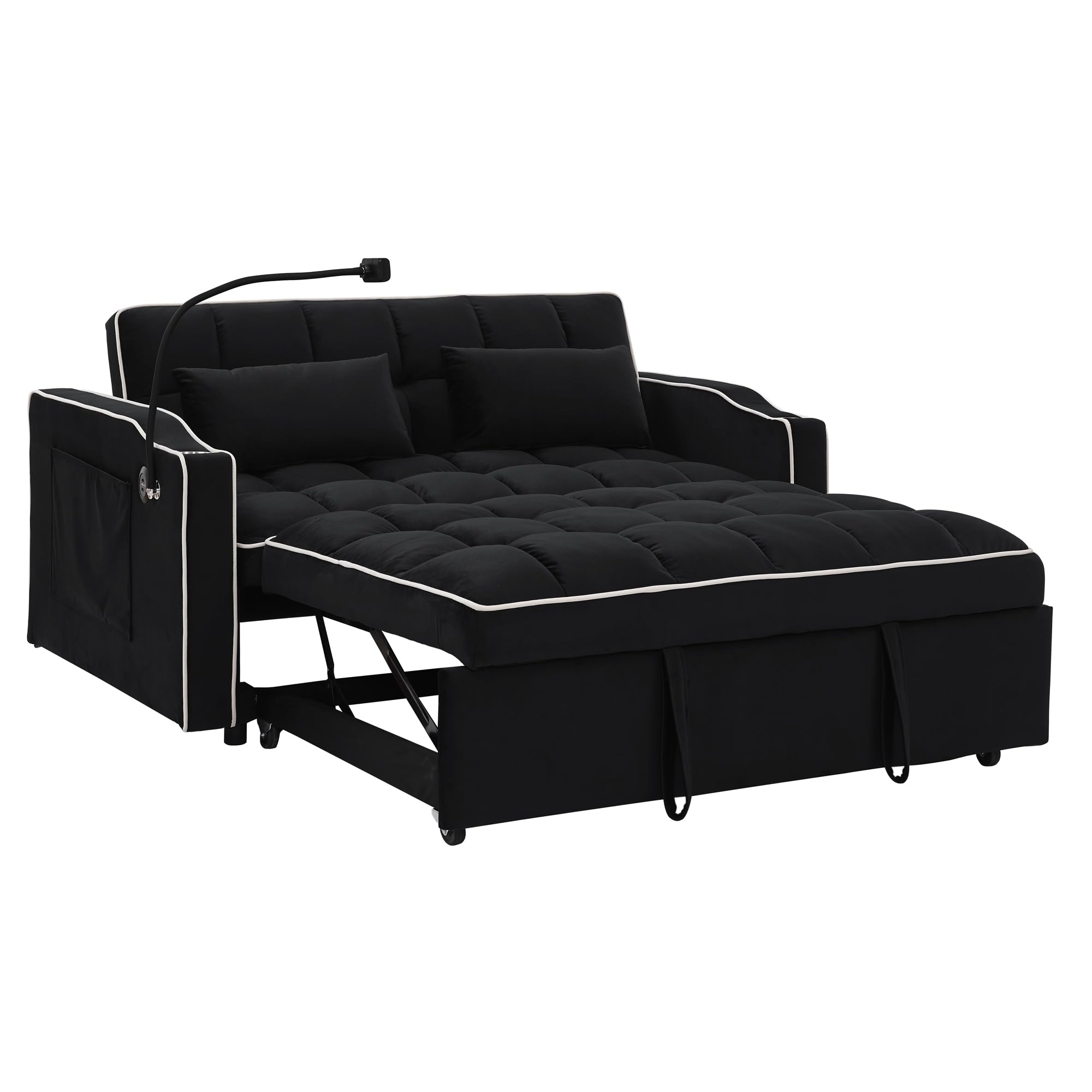 Bellemave Foldable Sofa Bed with Phone Holder, Pull Out Velvet Loveseat Sleeper with 2 USB Charging Ports, Modern Futon Couch with Cup Holders and Adjustable Backrest, for Living Room, Black