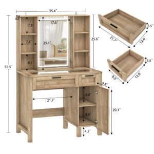 usikey Farmhouse Makeup Vanity Desk with Mirror and Lights, Glass Tabletop Makeup Vanity with Adjustable Shelves, Vanity Table Set with 2 Drawers and Side Cabinet for Bedroom, Maple